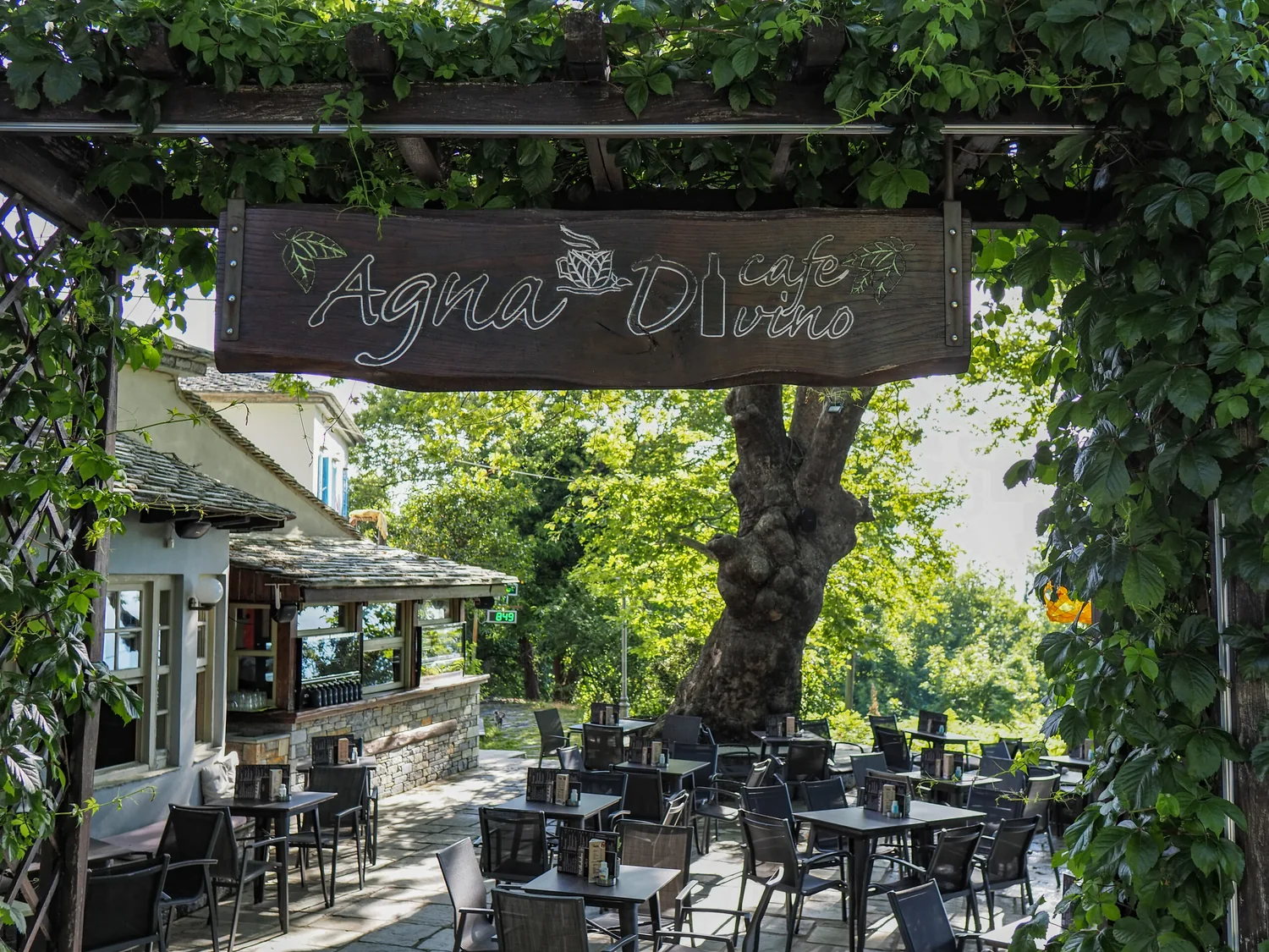 Η είσοδος του AgnaDi Café DiVino μέσα στο πράσινο